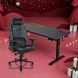 E-WIN Bravon Blue Black Sit-to-Stand RGB Gaming Desk & Chair Bundle