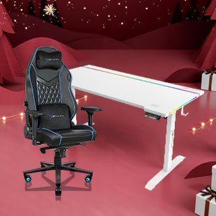 E-WIN Bravon Blue White Sit-to-Stand RGB Gaming Desk & Chair Bundle