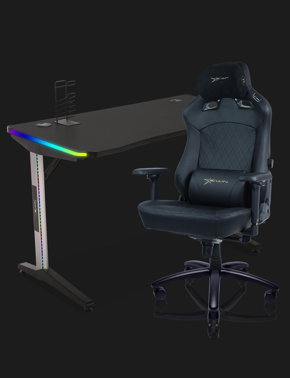 E-WIN Ultimate Gamer Bundle with Flash XL Revolution Upgraded Series and Nexus Lucis RGB Gaming Desk with Wireless Charging
