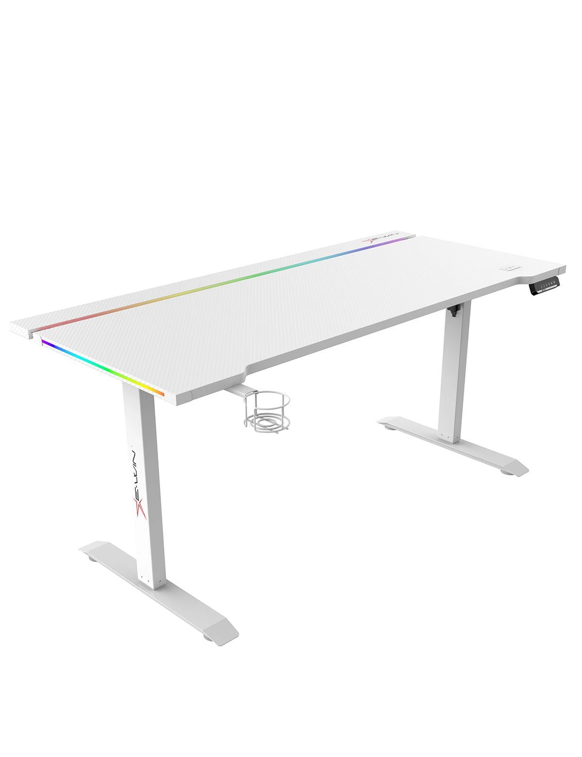 E-WIN Bravon Blue White Sit-to-Stand RGB Gaming Desk & Chair Bundle