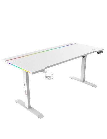 E-WIN Bravon Blue White Sit-to-Stand RGB Gaming Desk & Chair Bundle