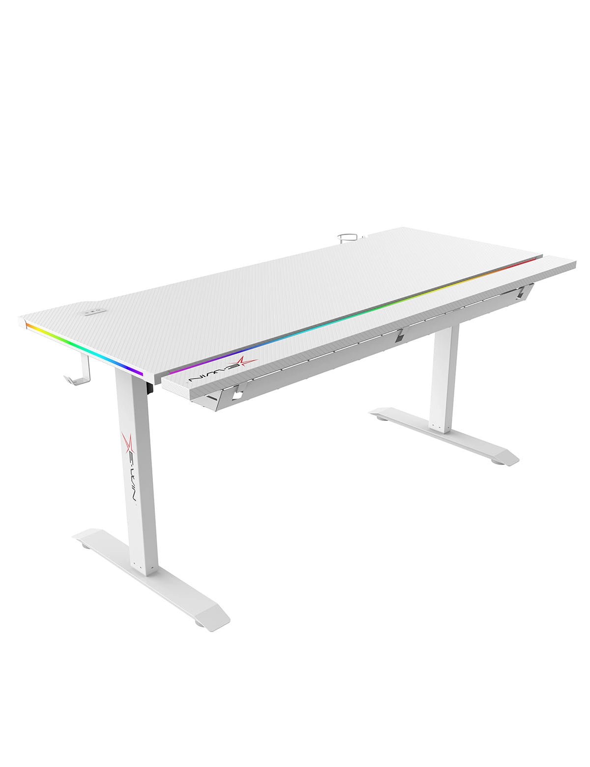 E-WIN Bravon Blue White Sit-to-Stand RGB Gaming Desk & Chair Bundle