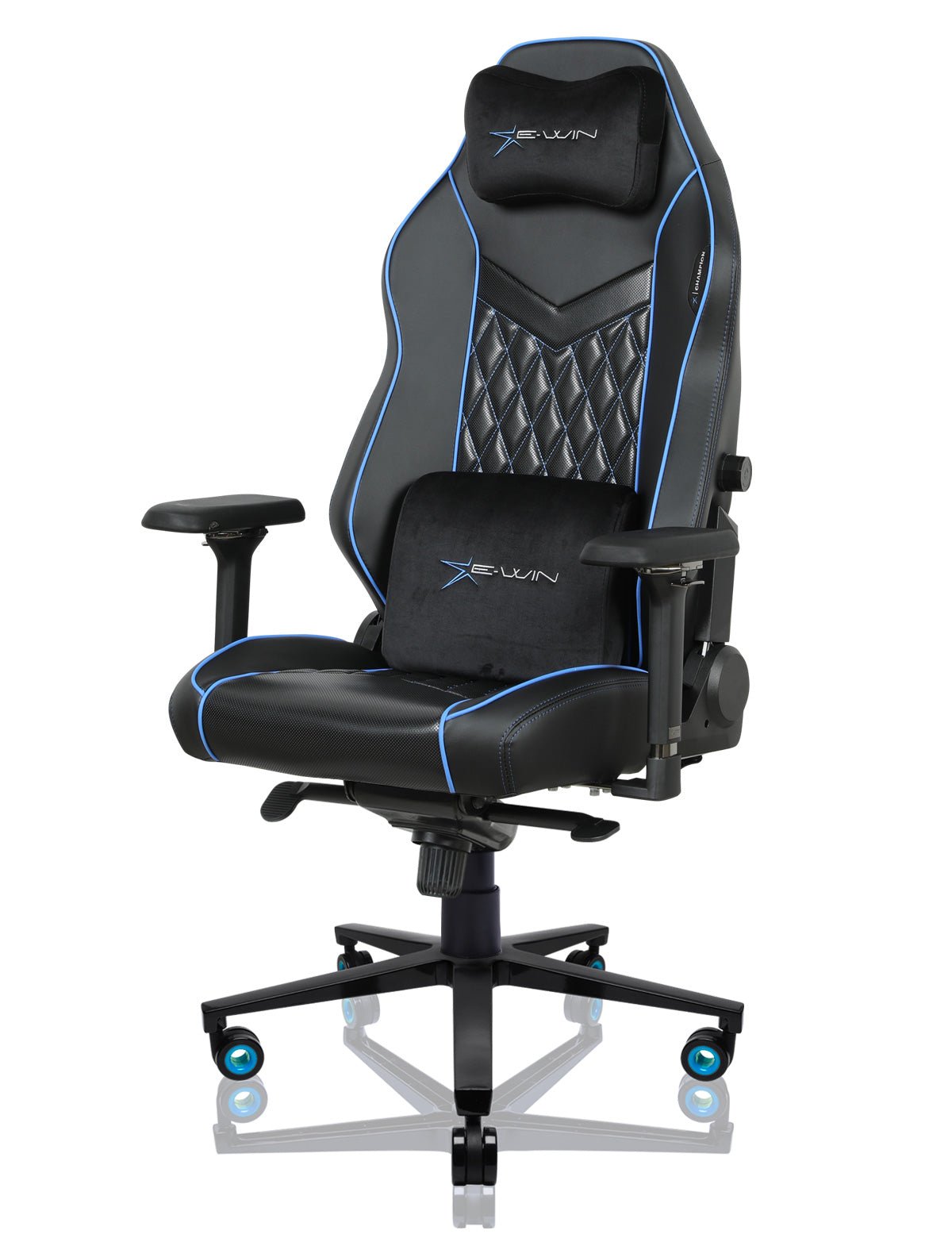 E-WIN Bravon Blue White Sit-to-Stand RGB Gaming Desk & Chair Bundle