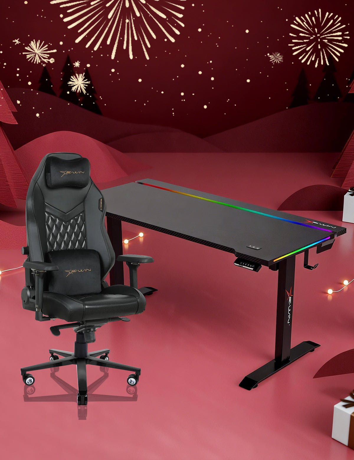 E-WIN Bravon Black Sit-to-Stand RGB Gaming Desk & Chair Bundle