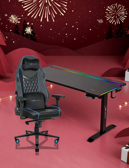 E-WIN Bravon Blue Black Sit-to-Stand RGB Gaming Desk & Chair Bundle
