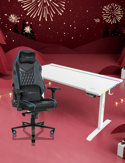 E-WIN Bravon Blue White Sit-to-Stand RGB Gaming Desk & Chair Bundle