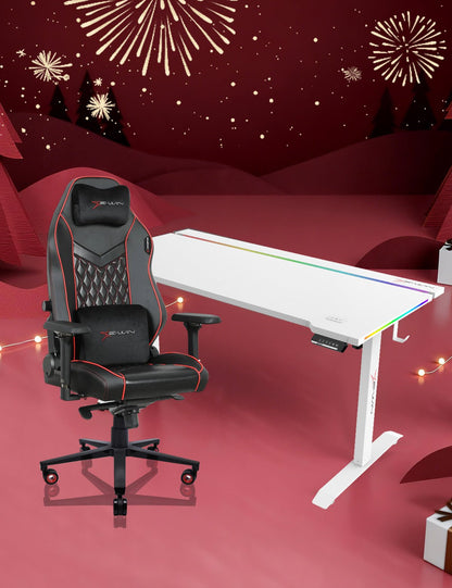 E-WIN Bravon Red White Sit-to-Stand RGB Gaming Desk & Chair Bundle