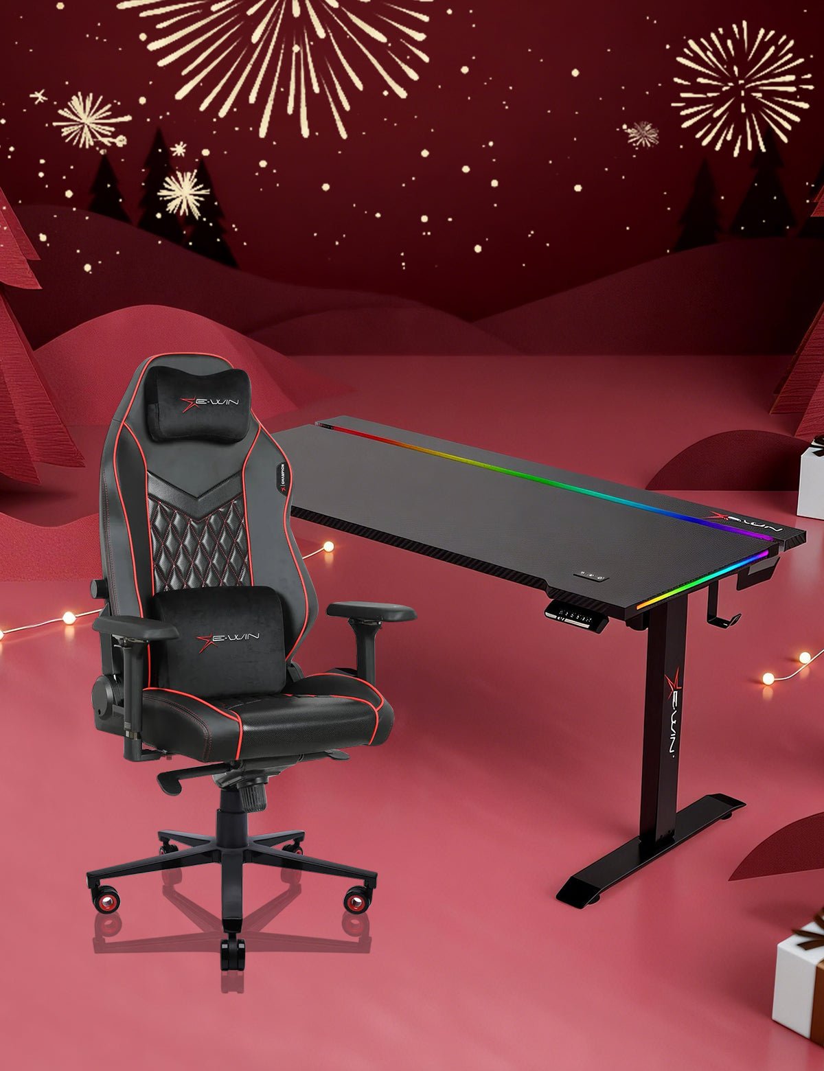 E-WIN Bravon Red Black Sit-to-Stand RGB Gaming Desk & Chair Bundle