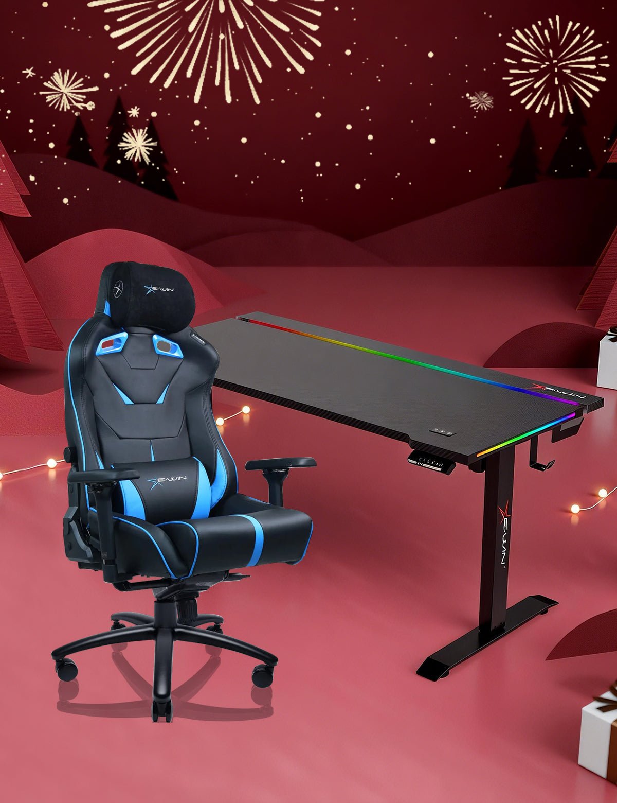 E-WIN Bravon Blue Black Sit-to-Stand RGB Gaming Desk & Chair Bundle