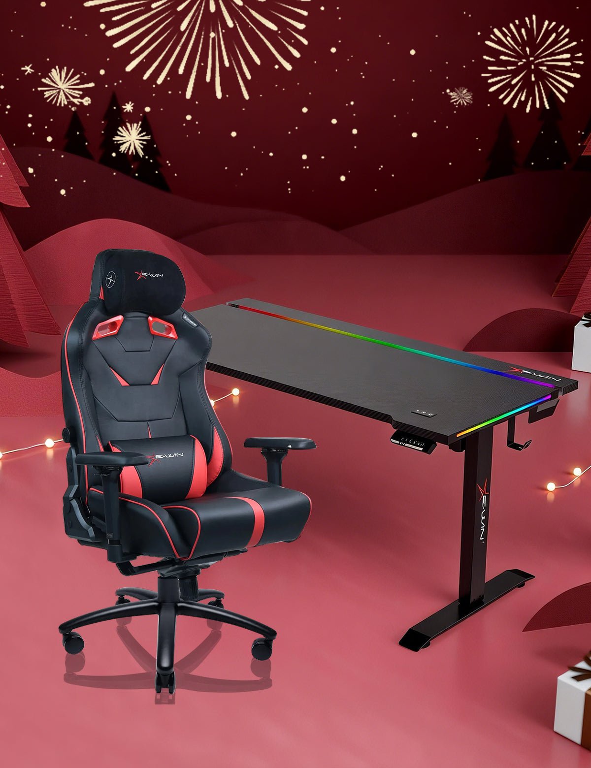 E-WIN Bravon Red Black Sit-to-Stand RGB Gaming Desk & Chair Bundle