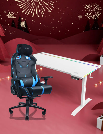 E-WIN Bravon Blue White Sit-to-Stand RGB Gaming Desk & Chair Bundle
