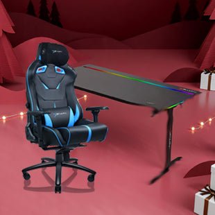 E-WIN Bravon Blue Black Sit-to-Stand RGB Gaming Desk & Chair Bundle