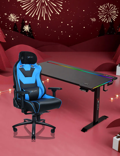 E-WIN Bravon Blue Black Sit-to-Stand RGB Gaming Desk & Chair Bundle
