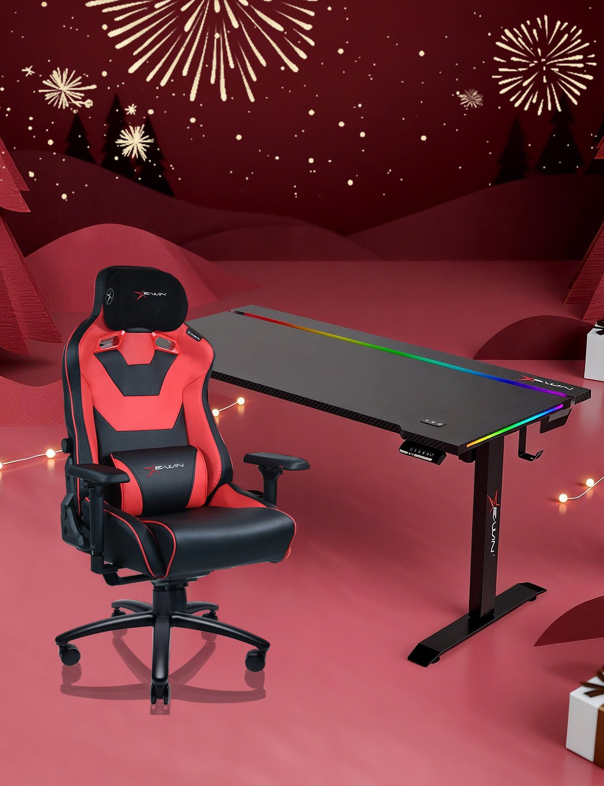 E-WIN Bravon Red Black Sit-to-Stand RGB Gaming Desk & Chair Bundle