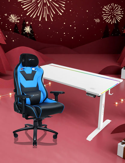 E-WIN Bravon Blue White Sit-to-Stand RGB Gaming Desk & Chair Bundle