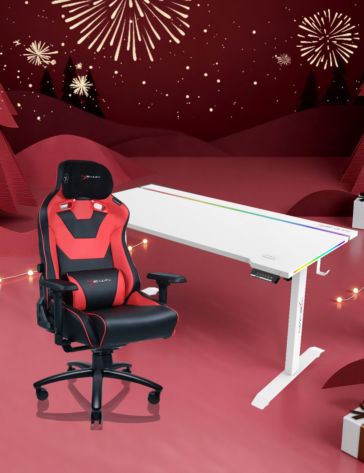 E-WIN Bravon Red White Sit-to-Stand RGB Gaming Desk & Chair Bundle