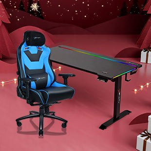 E-WIN Bravon Blue Black Sit-to-Stand RGB Gaming Desk & Chair Bundle