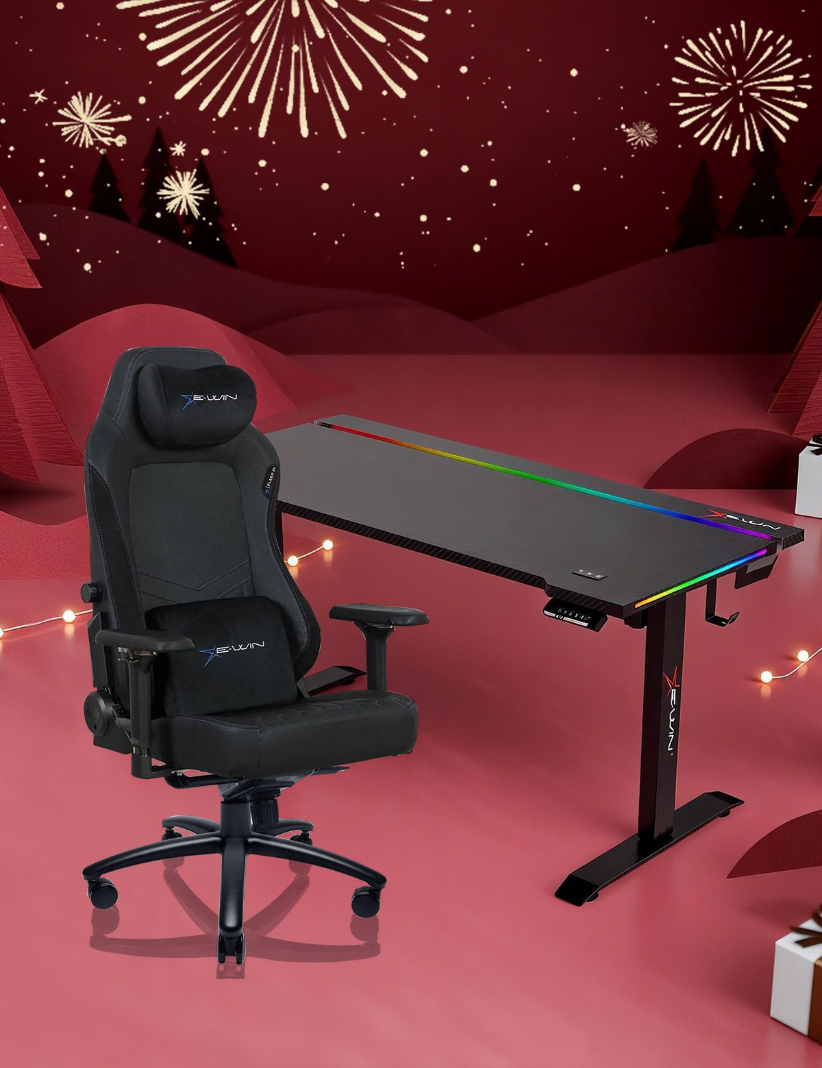 E-WIN Bravon Blue Black Sit-to-Stand RGB Gaming Desk & Chair Bundle