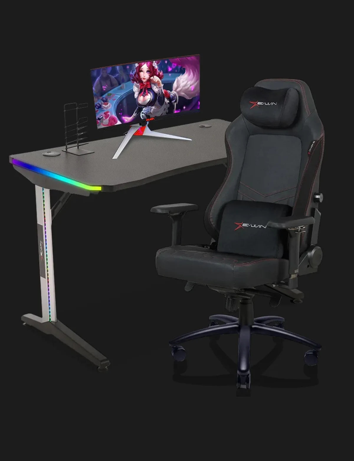 E-WIN Ultimate Gamer Bundle with Flash XL Revolution Upgraded Series and Nexus Lucis RGB Gaming Desk with Wireless Charging