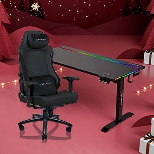 E-WIN Bravon Blue Black Sit-to-Stand RGB Gaming Desk & Chair Bundle