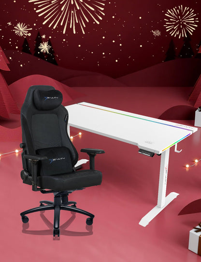 E-WIN Bravon Blue White Sit-to-Stand RGB Gaming Desk & Chair Bundle