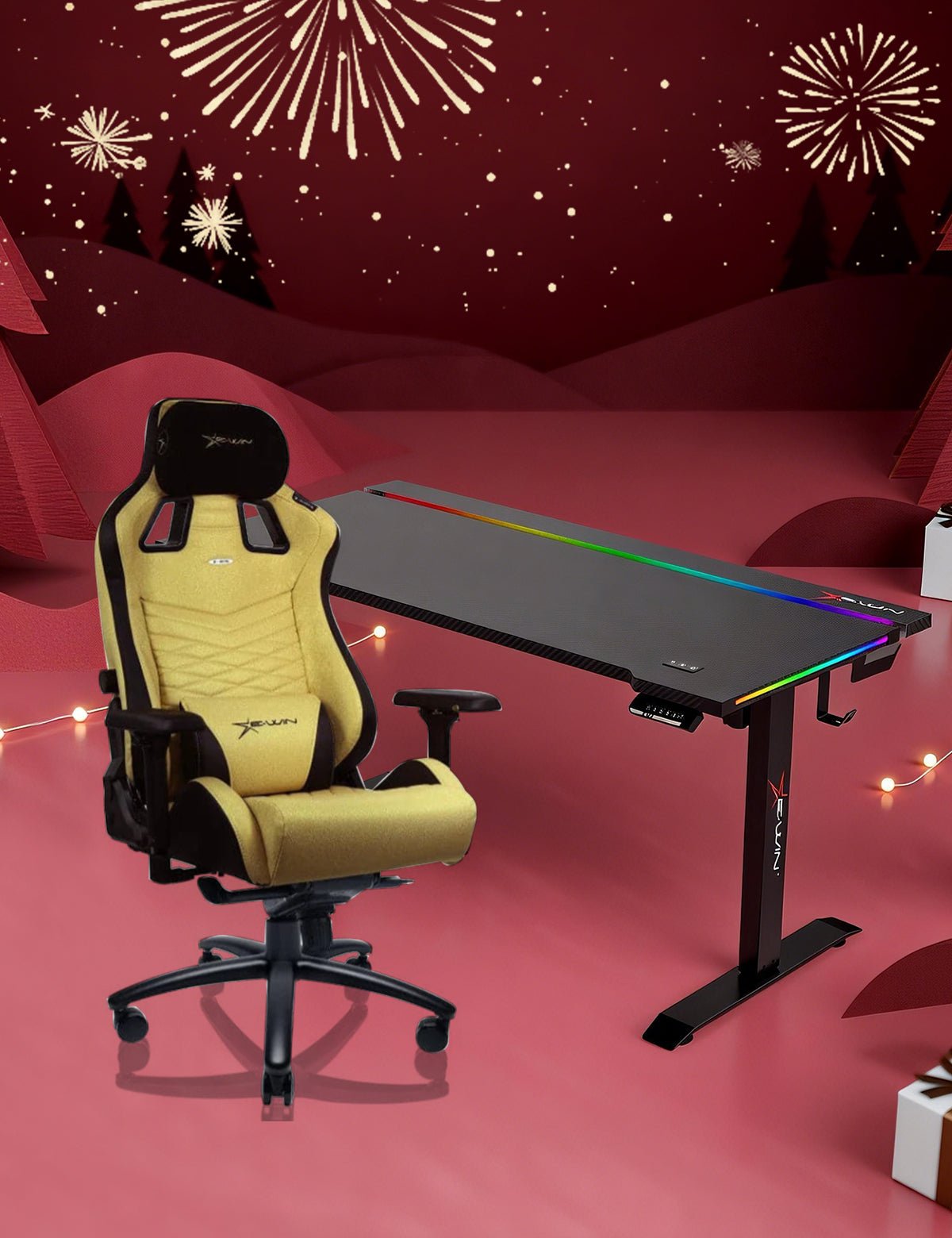 E-WIN Bravon Golden Sit-to-Stand RGB Gaming Desk & Chair Bundle