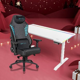 E-WIN Bravon Blue White Sit-to-Stand RGB Gaming Desk & Chair Bundle