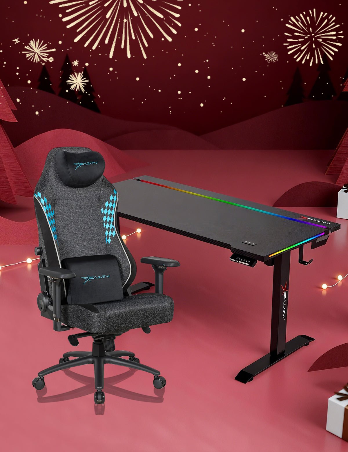 E-WIN Bravon Blue Black Sit-to-Stand RGB Gaming Desk & Chair Bundle