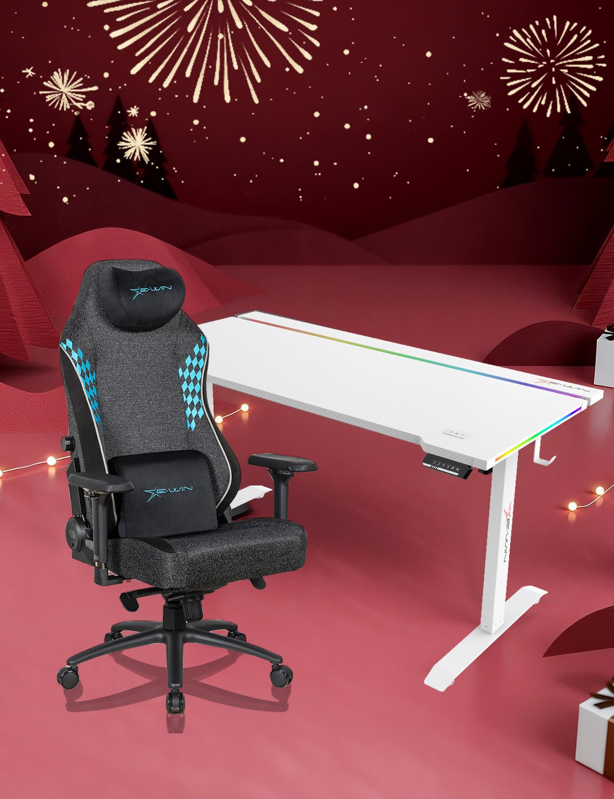 E-WIN Bravon Blue White Sit-to-Stand RGB Gaming Desk & Chair Bundle