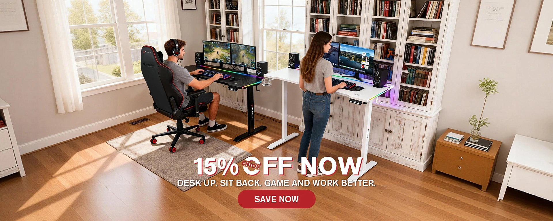 E-WIN Bravon Sit-to-stand gaming desk & chair bundle