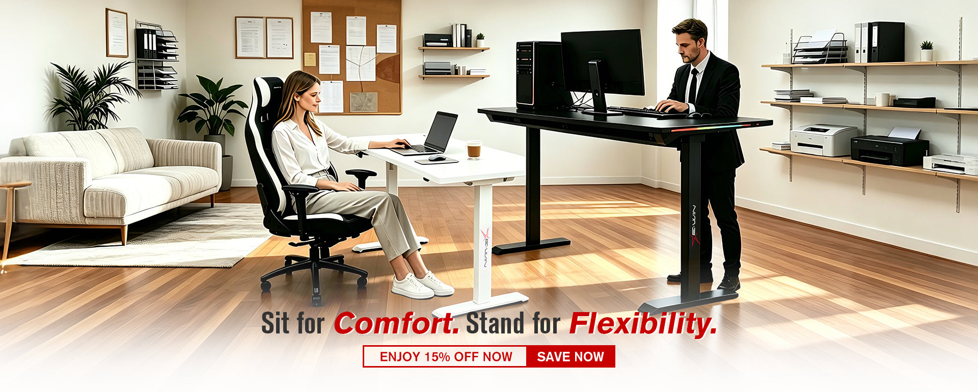 E-WIN Bravon Sit-to-stand gaming desk & chair bundle