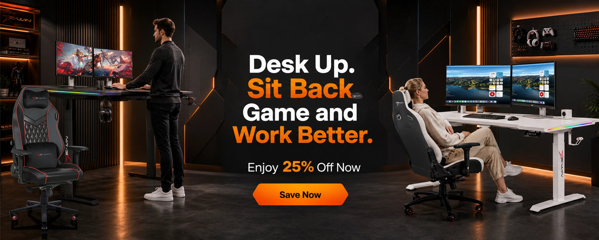 E-WIN Bravon Sit-to-stand gaming desk & chair bundle