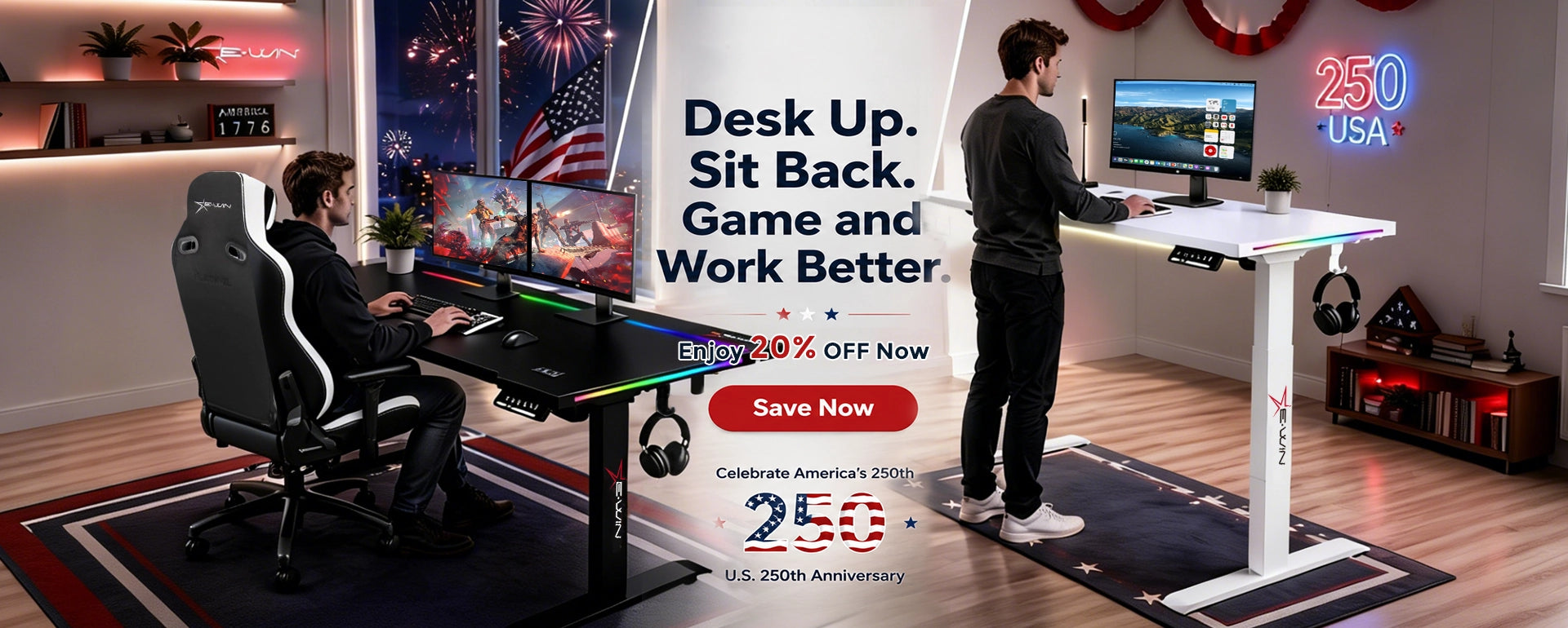 E-WIN Bravon Sit-to-stand gaming desk & chair bundle