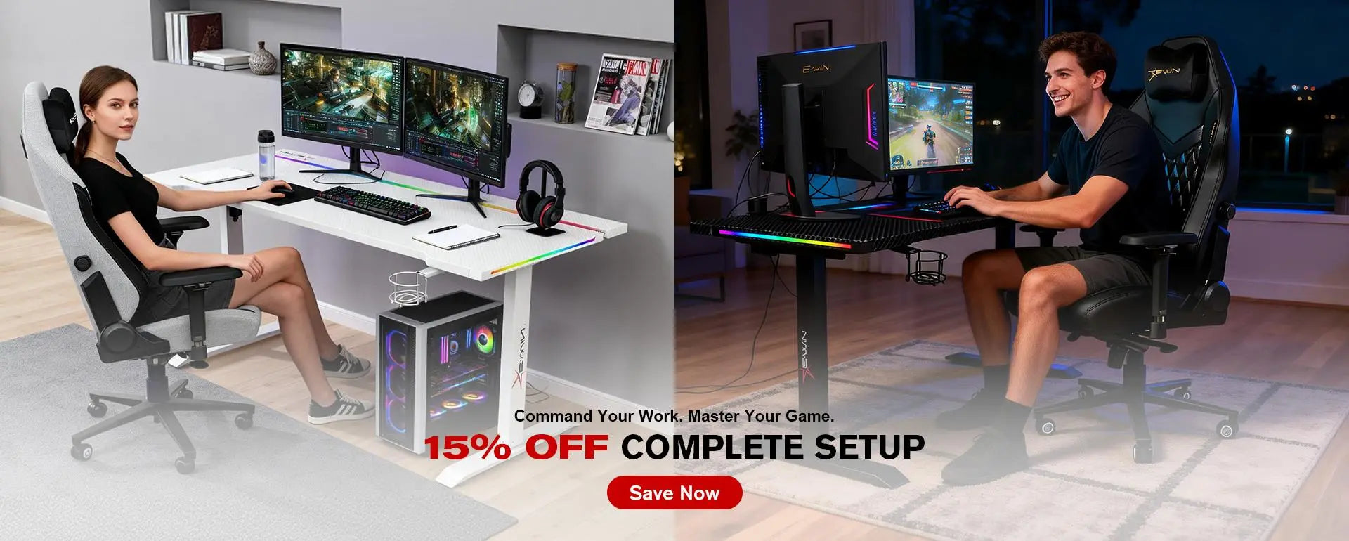E-WIN Bravon Sit-to-stand gaming desk & chair bundle