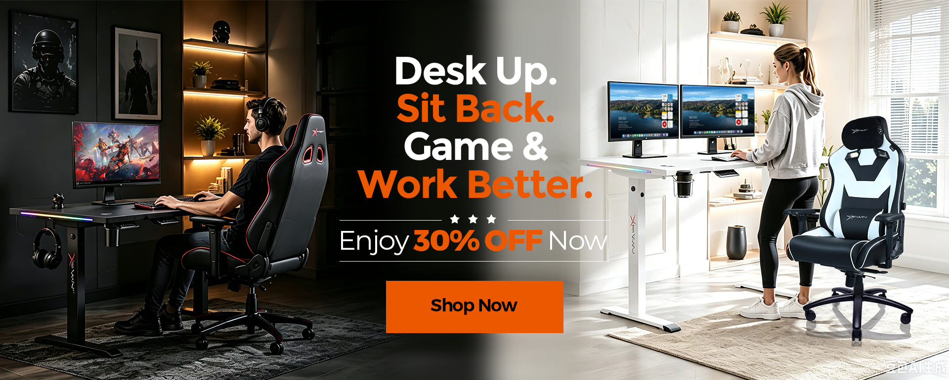 E-WIN Bravon Sit-to-stand gaming desk & chair bundle