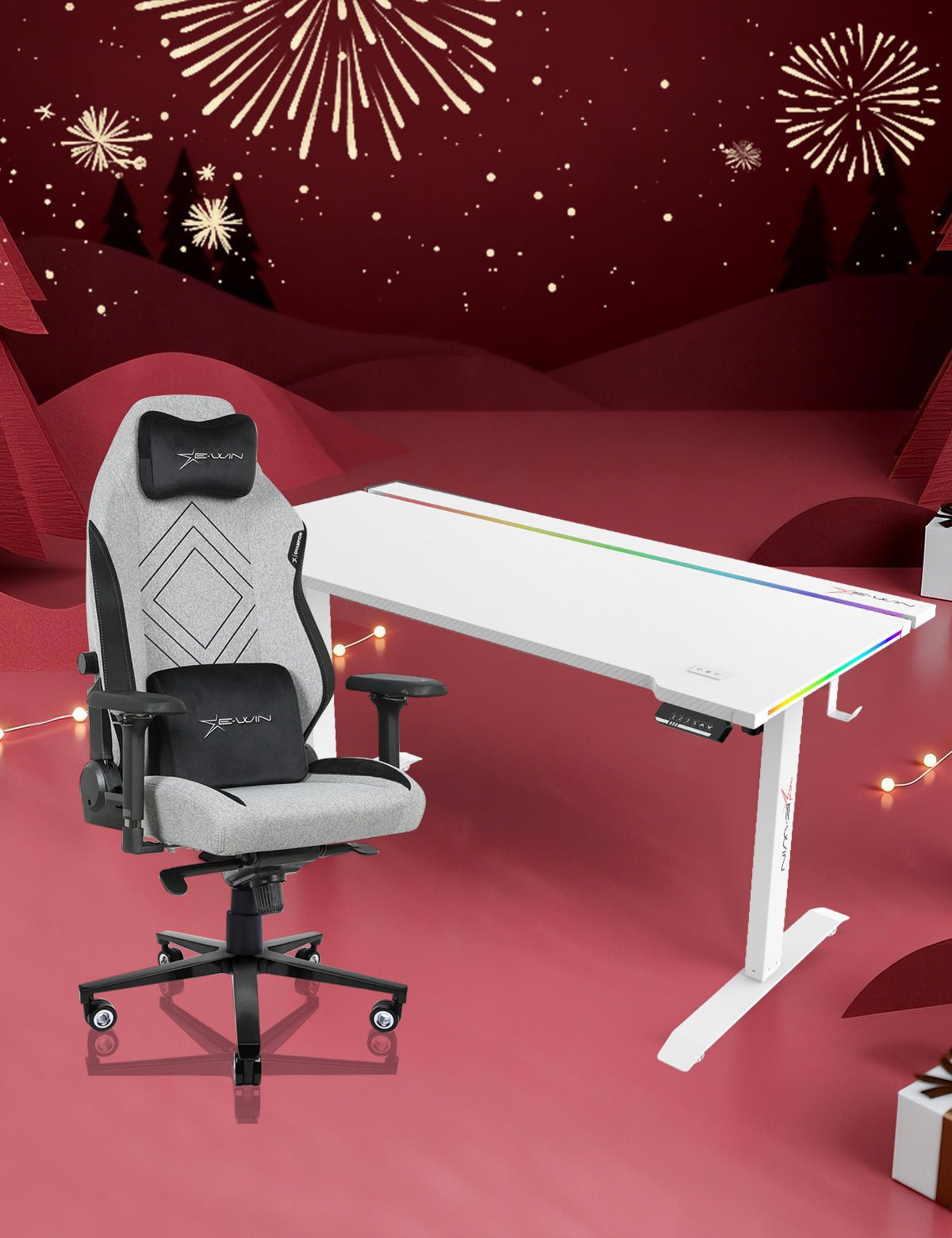 E-WIN Bravon White Sit-to-Stand RGB Gaming Desk & Chair Bundle