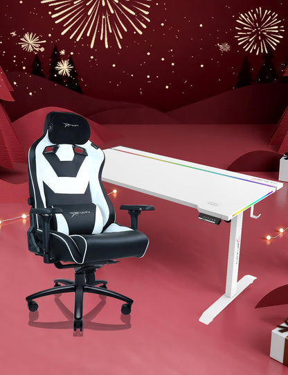 E-WIN Bravon White Sit-to-Stand RGB Gaming Desk & Chair Bundle