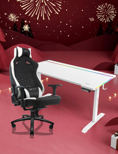 E-WIN Bravon White Sit-to-Stand RGB Gaming Desk & Chair Bundle