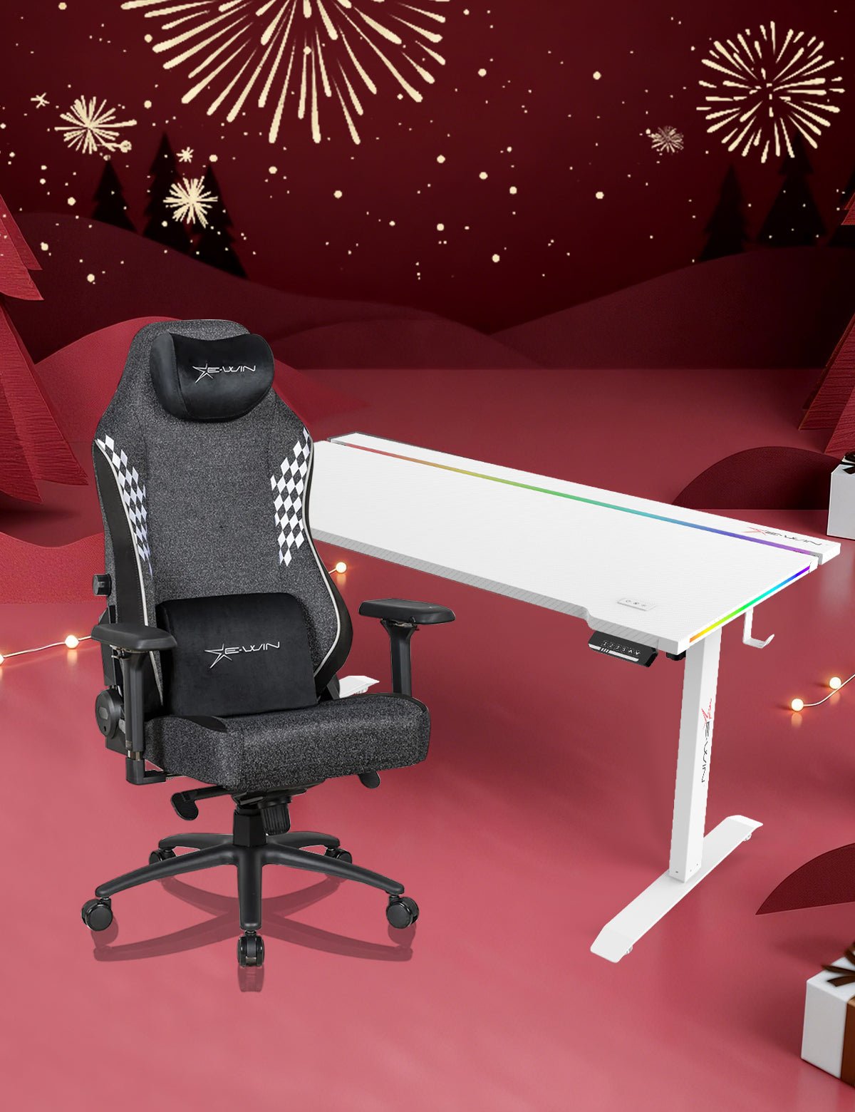 E-WIN Bravon White Sit-to-Stand RGB Gaming Desk & Chair Bundle