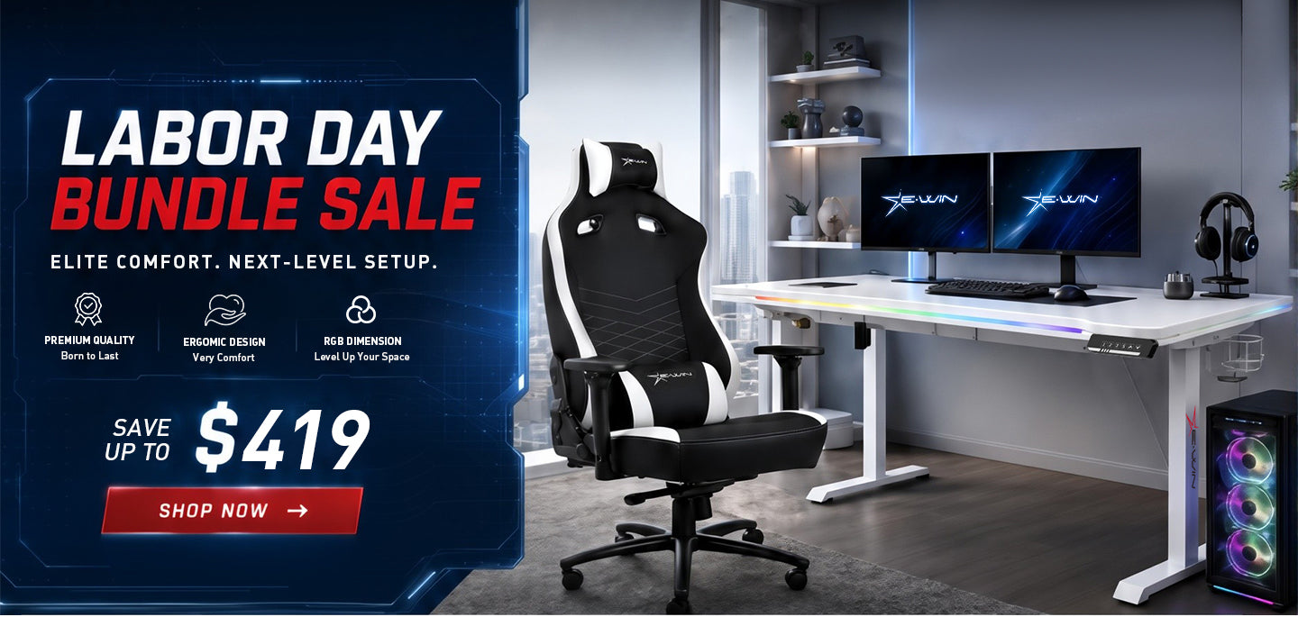 E-WIN Labor Day Bundle sale with a gaming desk and chair setup