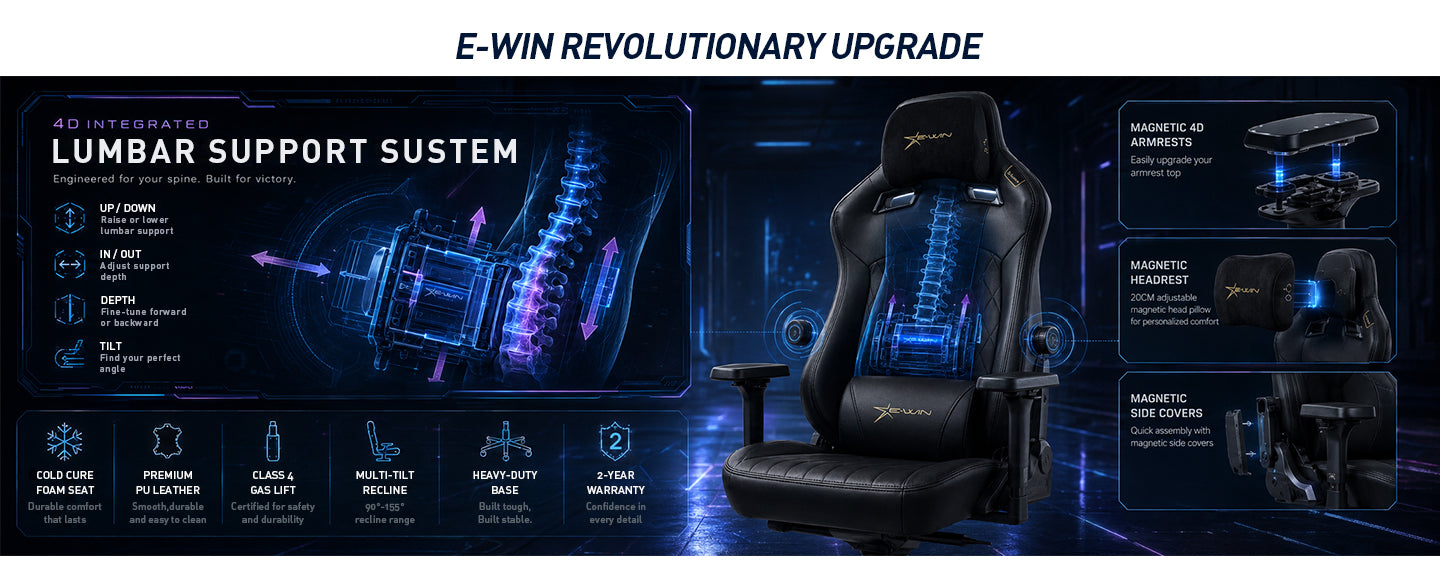 E-WIN Flash Series XL gaming chair with revolutionary lumbar support and magnetic accessories