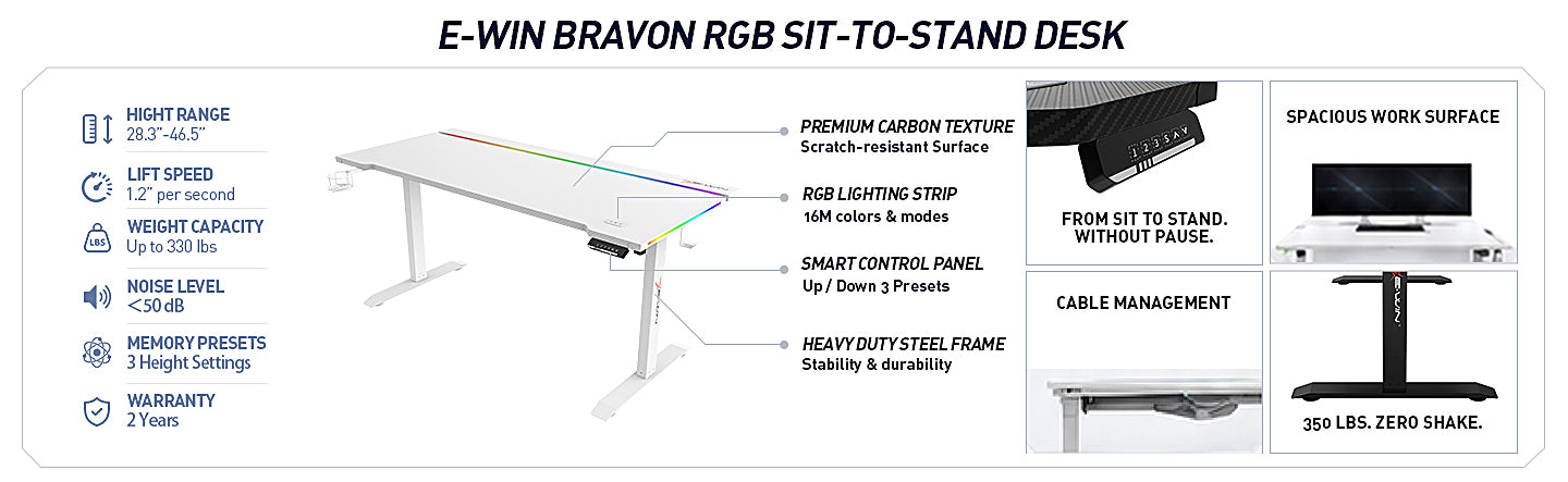 E-WIN white RGB sit-to-stand standing desk with height controls, cable management, and work surface