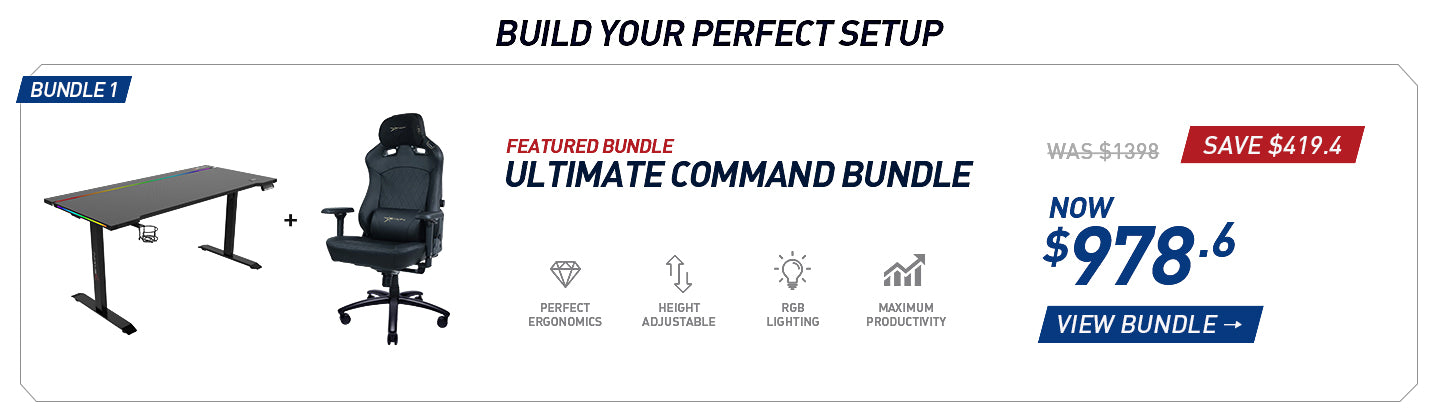 E-WIN Bundle 1 with a black standing desk and black Flash XL gaming chair
