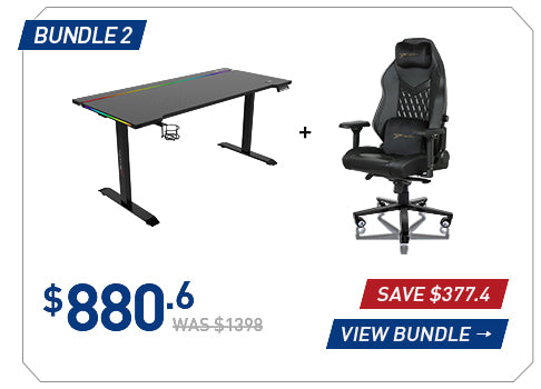 E-WIN Bundle 2 with a black standing desk and black Champion gaming chair
