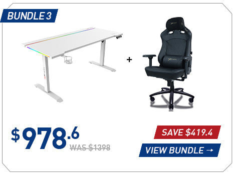 E-WIN Bundle 3 with a white standing desk and black Flash XL gaming chair