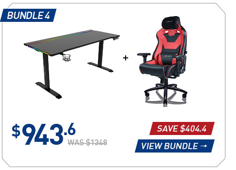 E-WIN Bundle 4 with a black standing desk and red Flash XL gaming chair
