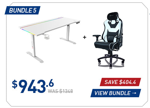 E-WIN Bundle 5 with a white standing desk and white and black Flash XL gaming chair
