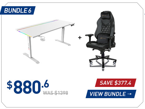 E-WIN Bundle 6 with a white standing desk and black Champion gaming chair