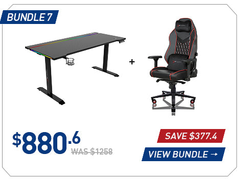 E-WIN Bundle 7 with a black standing desk and black and red Champion gaming chair