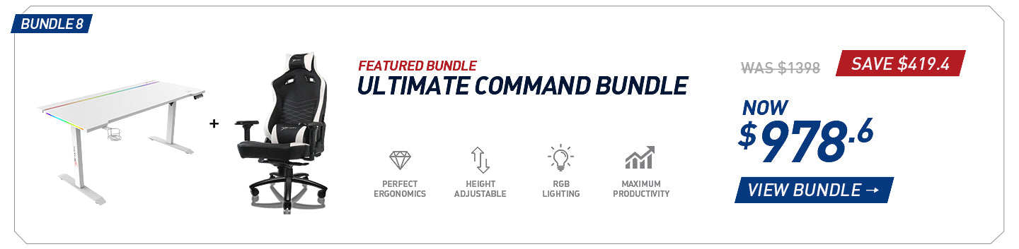 E-WIN Bundle 8 with a white standing desk and black Flash XL gaming chair